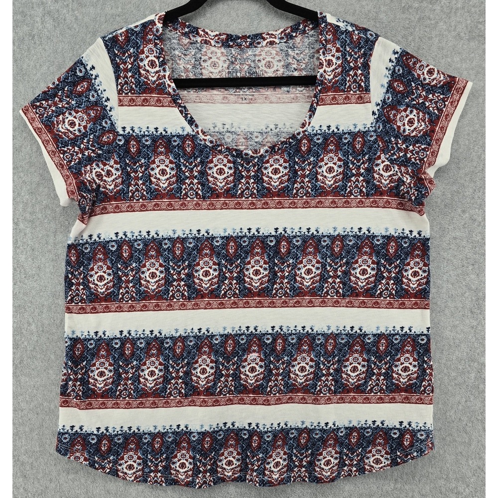 Lucky Brand Women's T-Shirt Sz 1X Red Blue White Paisley Indie Boho Light Soft